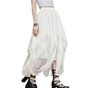Lace Trim Layered Mesh Tulle Skirt High Waist Asymmetrical Long Goth Skirt White
